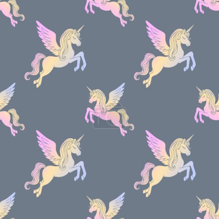 Foto de Unicornios alados con los ojos cerrados vuelan por el cielo. Patrón sin costuras sobre un fondo gris. - Imagen libre de derechos