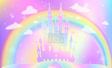 Foto de La silueta del castillo mágico sobre el fondo del cielo del arco iris con las estrellas. Ilustración del palacio princesa. Imagen vectorial. - Imagen libre de derechos