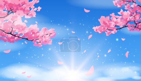 Foto de Ramas rosadas de sakura con pétalos cayendo sobre un cielo azul brillante con nubes. - Imagen libre de derechos