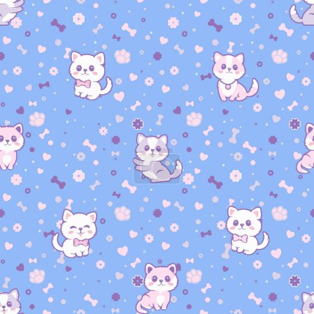 Seamless pattern with funny cute dogs, paws, hearts, flowers and bones. The pattern is separated from the background.