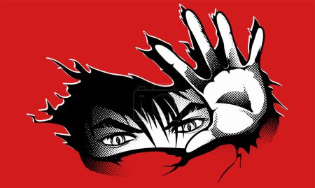 Foto de Mirada y mano de un hombre de una ruptura en la pared. Dibujo vectorial en manga y estilo anime. La imagen de medio tono en blanco y negro está separada del fondo rojo. - Imagen libre de derechos