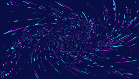 Ilustración de Fondo azul abstracto con un vórtice, una espiral de partículas volando en el espacio. Imagen vectorial sobre fondo negro con textura grunge. - Imagen libre de derechos