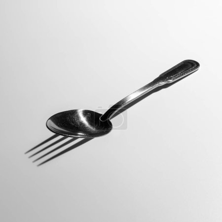 Foto de Una cuchara de metal proyecta la sombra de un tenedor sobre una mesa blanca - Imagen libre de derechos
