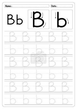 Ilustración de Educación de actividad Tracing Letter B worksheet vector of Alphabet trace handwriting school Guide - Imagen libre de derechos