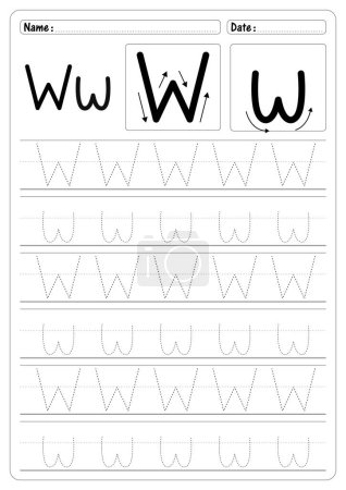 Ilustración de Educación de actividad Tracing Letter W worksheet vector of Alphabet trace handwriting school Guide - Imagen libre de derechos