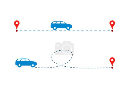 Ilustración de Icono de viaje de coche vector de conducción de automóviles pista de viaje con la línea punteada pin mapa punto clipart - Imagen libre de derechos