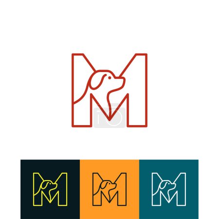 Dog care Logo of Letter M Pet paw store icon vector, cute animal shop symbol, veterinary clinic logotype.