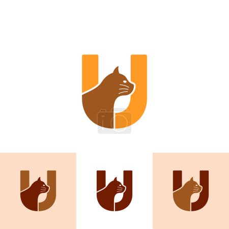 Cat Logo of initial Letter U Pet paw shop vector, animal store symbol, veterinarian clinic icon emblem.