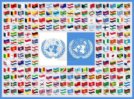 all United Nations flags of the world with their name. UN Countries Waving flag vector design.