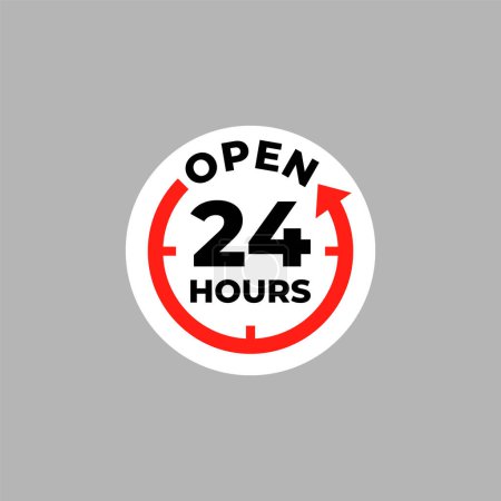 Etiqueta engomada 24 horas Signo de vector. etiqueta de servicio al cliente, Abierto las 24 horas / semana clipart información de soporte.