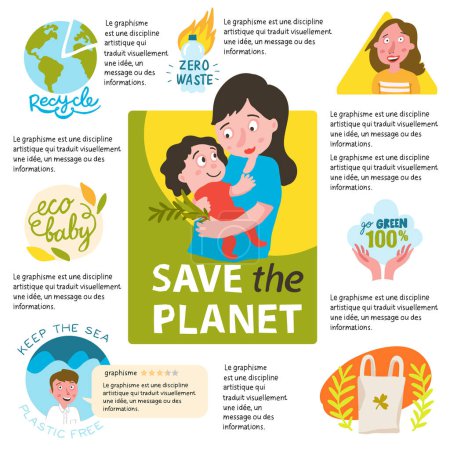 Téléchargez les photos : Set of vector images for social networks ecology and motherhood. Visual for children's sites, banners, woman, mother. Create Attractive health, happy family, clean, green blog with template gallery bio design ideas. Save the planet - en image libre de droit