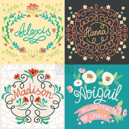 Illustration for Set of romantic vector avatar for with Madison, Abigail, Hannah, Alexis. Floral pattern for wedding, sticker postcard, invitation, banner, frames, vignettes for social personal page about nature, flowers, postcards, holidays - Royalty Free Image