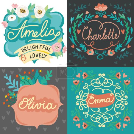 Illustration for Set of romantic vector avatar with Name Amelia, Charlotte, Olivia, Emma. Floral pattern for wedding, sticker postcard, invitation banner, frames, vignettes for social personal page about nature, flowers, postcards, holidays - Royalty Free Image