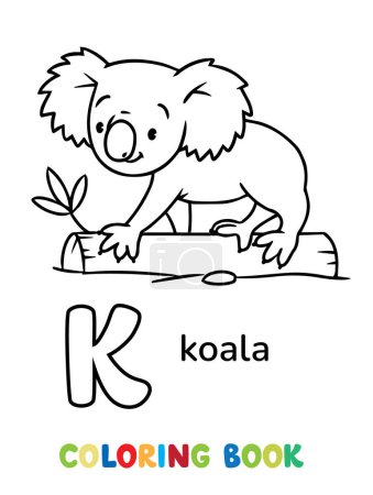 Koala-Bär auf dem Baumstamm. Kindervektorillustration. Tiere ABC Malbuch für Kinder. Buchstabe K