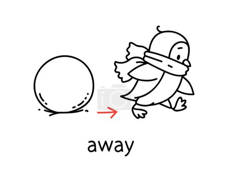 Illustration for Penguin walks away from the snowball. Preposition of movements and place for learning English. Children vector cartoon of funny animal with description. Isolated black and white kids illustration - Royalty Free Image