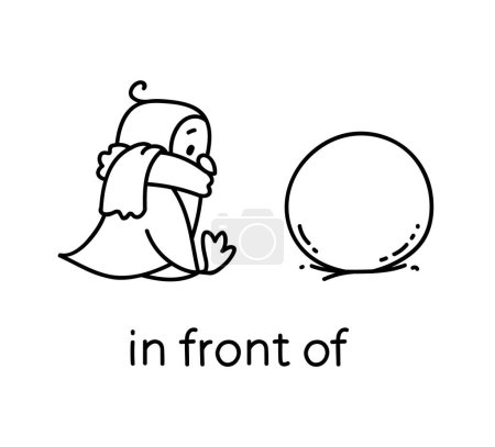 Illustration for Penguin sitting in front of the snowball. Preposition of movements and place for learning English. Children vector cartoon of funny animal with description. Isolated black and white kids illustration - Royalty Free Image