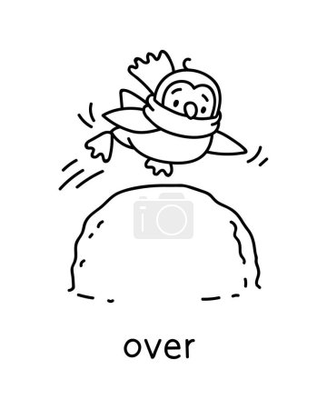 Illustration for Penguin jumps over a snowball. Preposition of movements and place for learning English. Children vector cartoon of funny animal with description. Isolated black and white illustration for kids - Royalty Free Image