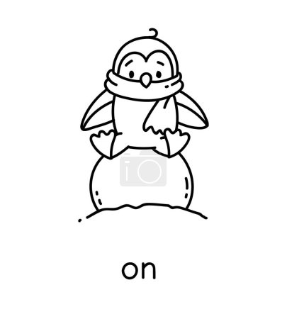 Illustration for Penguin on the snowball. Preposition of movements and place for learning English. Children vector cartoon of funny animal with description. Isolated black and white illustration for kids - Royalty Free Image