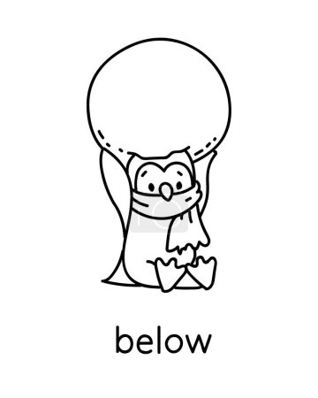 Illustration for Penguin below the snowball. Preposition of movements and place for learning English. Children vector cartoon of funny animal with description. Isolated black and white illustration for kids - Royalty Free Image