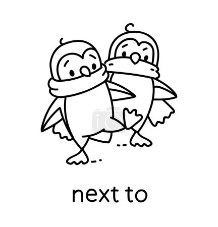 Illustration for Penguin next to another penguin. Preposition of movements and place for learning English. Children vector cartoon of funny animal with description. Isolated black and white illustration for kids - Royalty Free Image