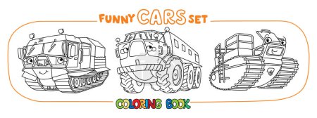 Vehículos todo terreno o camiones para colorear conjunto de libros para niños. Pequeño vector divertido lindo coche con ojos y boca. Niños vector ilustración