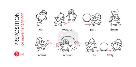Illustration for Preposition of movements and place for learning English. Children vector cartoon of funny animal with description. Isolated black and white illustration for kids. Set 3 of 4 - Royalty Free Image