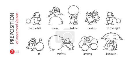 Illustration for Preposition of movements and place for learning English. Children vector cartoon of funny animal with description. Isolated black and white illustration for kids. Set 2 of 4 - Royalty Free Image