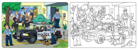 Voiture de police et policier en uniforme agitant à la main. Livre à colorier. Caractère vectoriel. Illustration vectorielle enfants