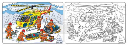 Rescue helicopter. Lifeguards or rescuers provide first aid on rescue sled and evacuate the victim from the top of a mountain. Coloring book of rescue unit Children vector black and white illustration