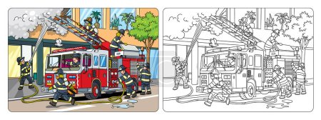 Illustration for Firefighters extinguish a fire in a building next to a fire truck. Children vector illustration. Fire engine coloring book - Royalty Free Image
