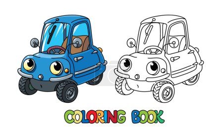 Small retro single-seat car coloring book for kids. Funny vector cute tricycle vehicle with eyes and mouth. Coloring book. Children vector illustration