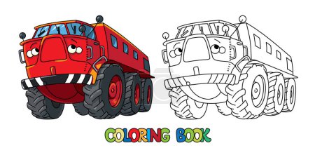 Funny rover o vehículo todo terreno para colorear libro para niños. Pequeño vector divertido lindo coche con ruedas grandes, ojos y boca. Niños vector ilustración