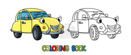 Retro car. Funny vector cute small vehicle with eyes and mouth. Coloring book. Children vector illustration