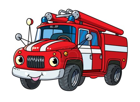 Illustration for Fire truck or machine. Small funny vector cute retro car with eyes and mouth. Children vector illustration. Fire engine - Royalty Free Image