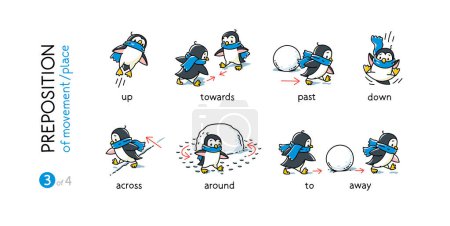 Illustration for Preposition of movements and place for learning English. Children vector cartoon of funny animal with description. Isolated black and white illustration for kids. Set 3 of 4 - Royalty Free Image