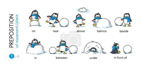 Illustration for Preposition of movements and place for learning English. Children vector cartoon of funny animal with description. Isolated black and white illustration for kids. Set 1 of 4 - Royalty Free Image