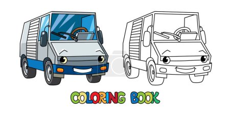 Kleines lustiges LKW oder LKW Malbuch für Kinder. Kleine lustige Vektor niedlichen Auto mit Augen und Mund. Kindervektorillustration