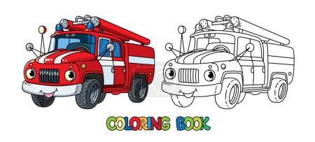 Fire truck or machine coloring book for kids. Small funny vector cute retro car with eyes and mouth. Children vector illustration. Fire engine