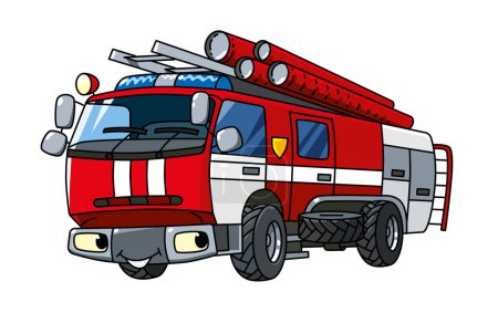 Fire truck or machine. Small funny vector cute car with eyes and mouth. Children vector illustration. Fire engine