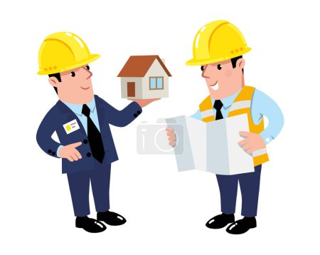 Illustration for Funny construction inventor, engineer with blueprint and architect holding the layout or dummy of the house. Cartoon character. A men in protective helmet, dark blue suit and vest. Vector illustraton - Royalty Free Image