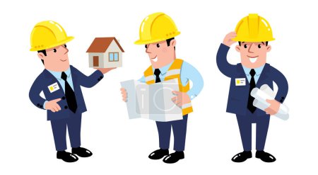 Illustration for Funny construction inventor, engineer with blueprint and architect holding the layout or dummy of the house. Cartoon characters. A men in protective helmet, dark blue suit and vest. Vector illustraton - Royalty Free Image