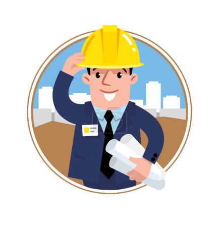 Illustration for Funny construction worker, engineer or architect holding projects blueprints. Cartoon character. A man in protective helmet and dark blue suit with drawings. Vector illustraton. Emblem - Royalty Free Image