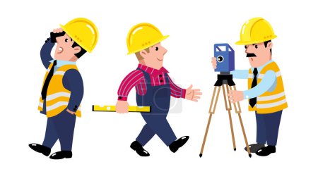 Illustration for Funny construction worker, geodesist or engineer with blueprint and architect. Cartoon characters. Vector illustraton - Royalty Free Image