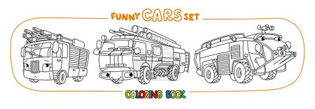 Illustration for Fire truck or fire engine coloring book set for kids. Small funny vector cute cars with eyes and mouth. Children vector illustration. - Royalty Free Image