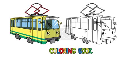 Tram coloring book for kids. Small funny vector cute car with eyes and mouth. Children vector illustration