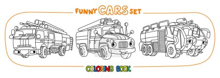 Illustration for Fire truck or fire engine coloring book set for kids. Small funny vector cute cars with eyes and mouth. Children vector illustration. - Royalty Free Image