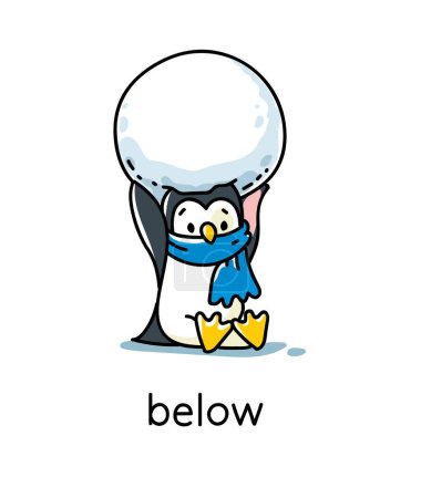 Foto de Pingüino debajo de la bola de nieve. Preposición de movimientos y lugar para aprender inglés. Niños vector de dibujos animados de animales divertidos con descripción. Ilustración aislada para niños - Imagen libre de derechos