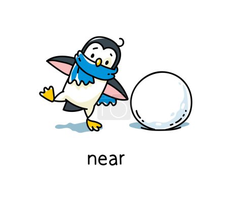 Illustration for Penguin near the snowball. Preposition of movements and place for learning English. Children vector cartoon of funny animal with description. Isolated illustration for kids - Royalty Free Image