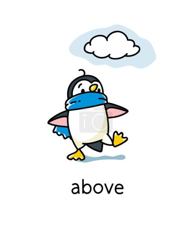 Foto de La nube sobre el pingüino. Preposición de movimientos y lugar para aprender inglés. Niños vector de dibujos animados de animales divertidos con descripción. Ilustración aislada para niños - Imagen libre de derechos