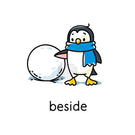 Illustration for Penguin standing beside the snowball. Preposition of movements and place for learning English. Children vector cartoon of funny animal with description. Isolated illustration for kids - Royalty Free Image